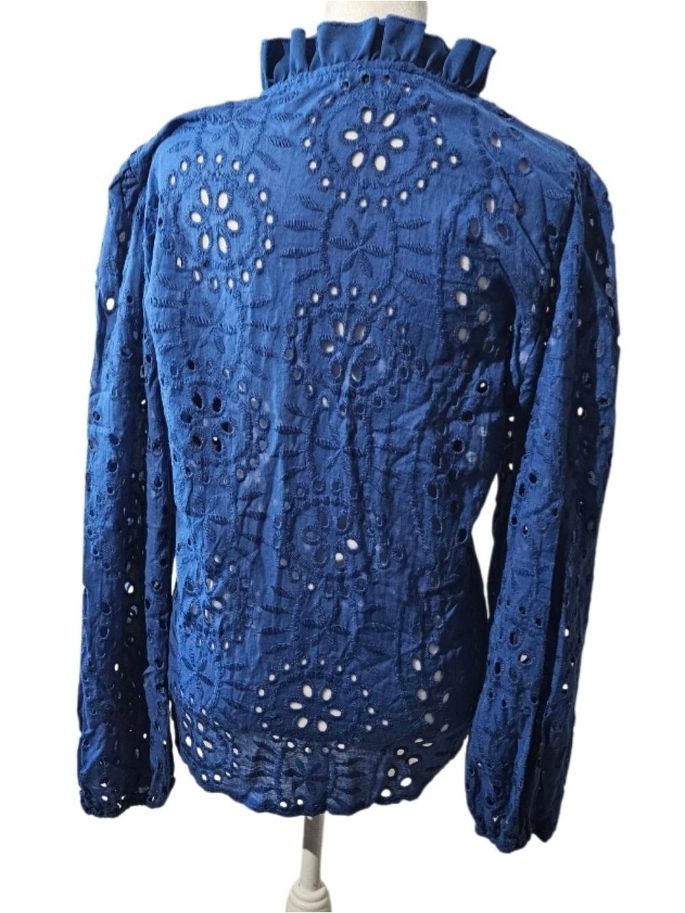 Shein XL Blue Floral Eyelet Embroidery Ruffle Neck Deep V Boho Top Vacation EUC - Picture 8 of 17